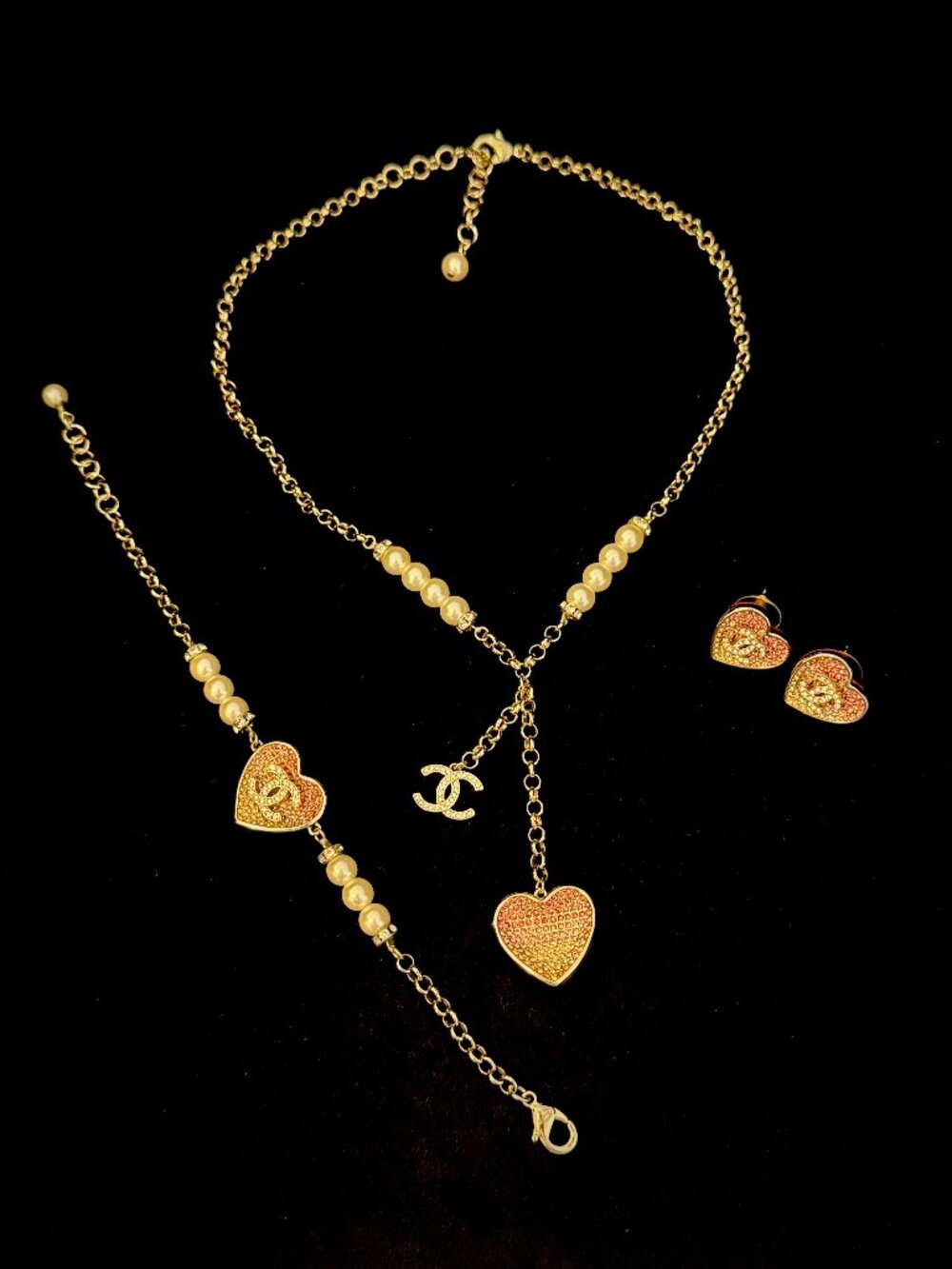 Chanel B23 Pink Heart Pearl CC Necklace Bracelet Earrings Set